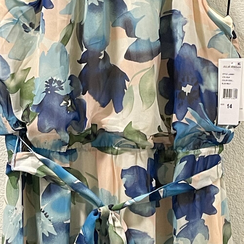 JULIA JORDAN Halter Chiffon Lined Maxi Dress Tiered Full Skirt Floral Blue 14 - Picture 6 of 11